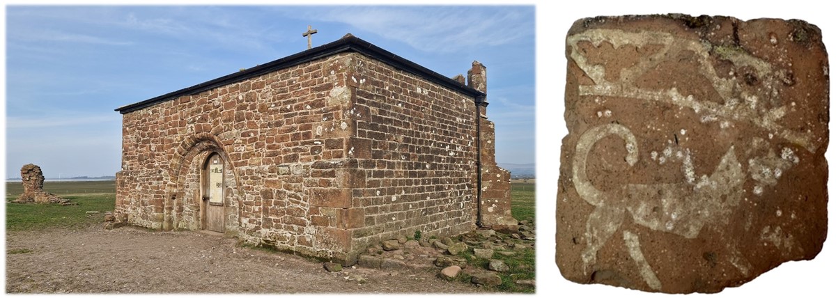 (1) Photo of a small stone building  with an arched doorway and a cross on the roof. (2) Photo of a square terracotta tile with the remains of decoration in white, including the image of a dog and a curved section of ornamental border that looks like it might have formed part of a circle spanning several tiles.